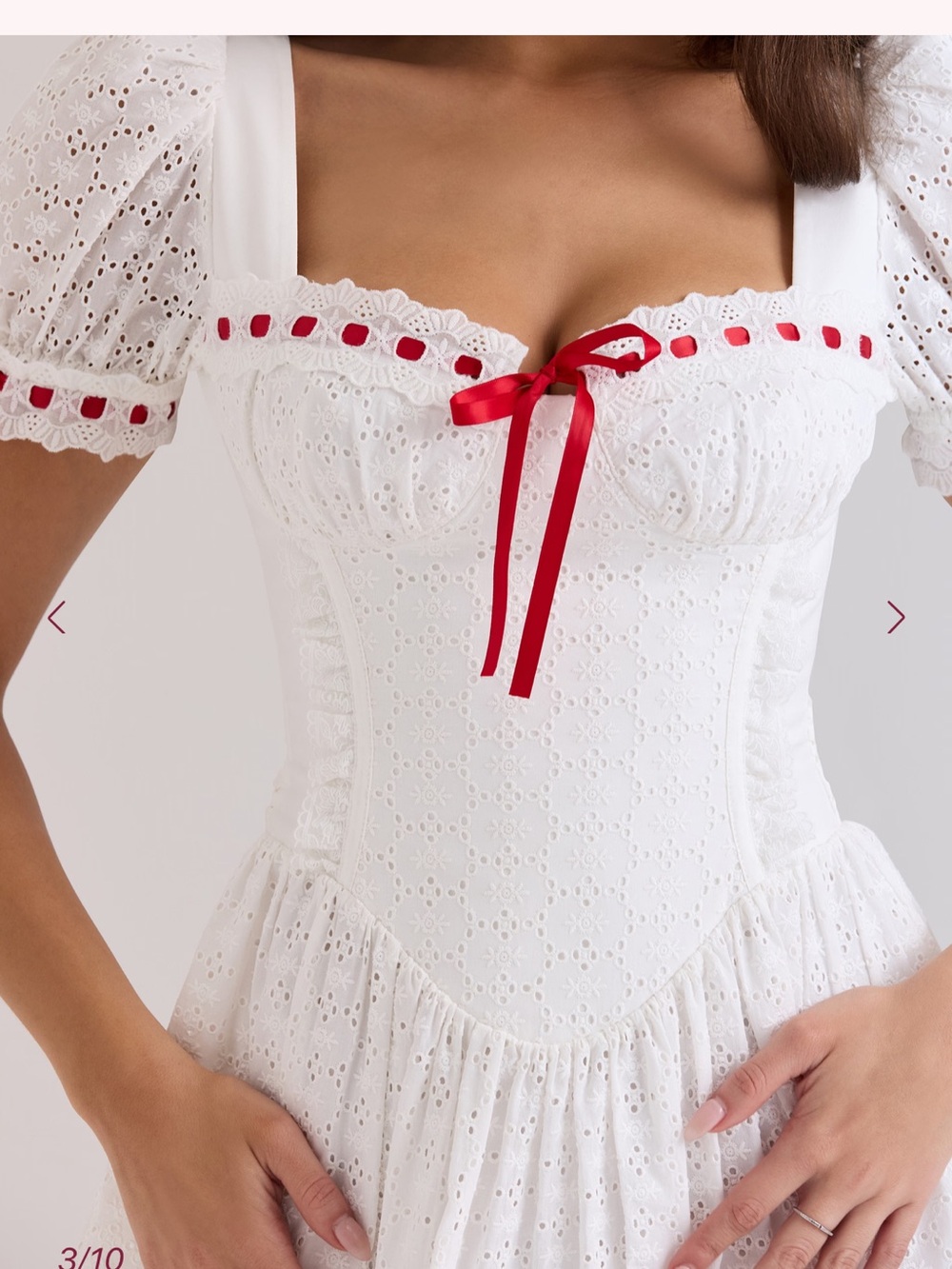White Eyelet Corset Dress with Red Ribbon Accent